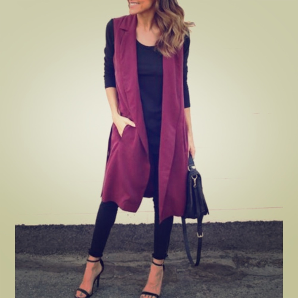 Women's Sleeveless Long Vest Coat - Burgundy